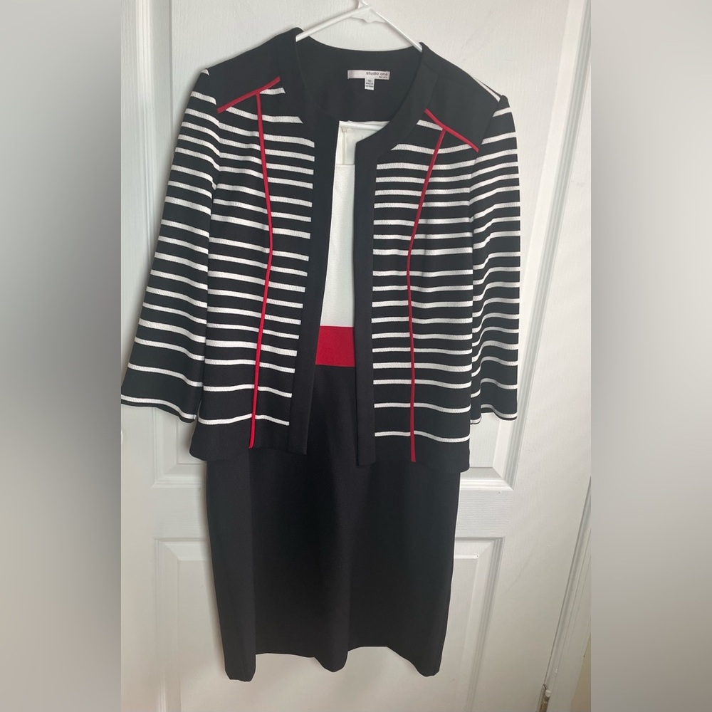 Studio One New York Dress/Jacket Suit Black/Ivory/Red Sz 10 Women